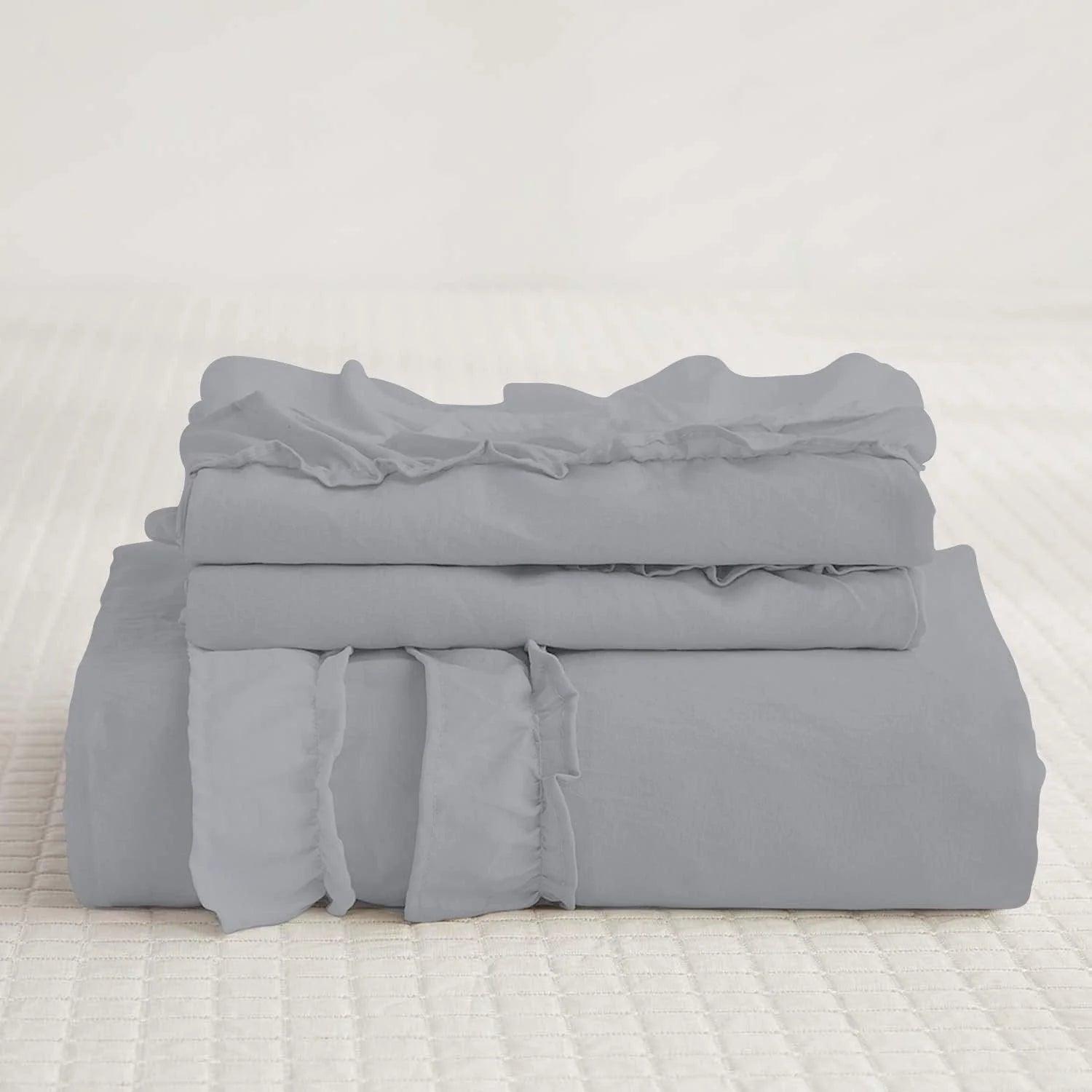 Luxury Cotton Frilled Duvet Set-Grey