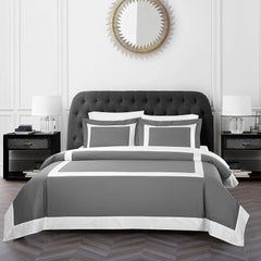 Grey Bordered Cotton Satin Duvet Cover Set