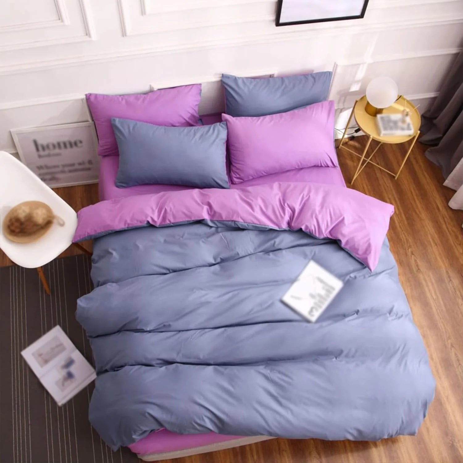 Plain Dyed Reversible Cotton Duvet Cover Set - Grey Blue & Heather Purple