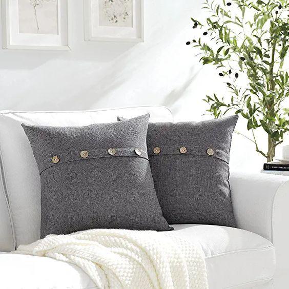 Grey With Button Jute Cushion Covers - Pack Of 2