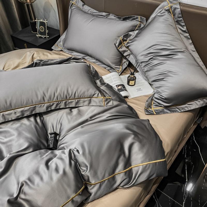 Embroidered Luxury Duvet Set-Grey With Golden Baratta Stitch