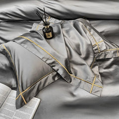 Embroidered Luxury Duvet Set-Grey With Golden Baratta Stitch