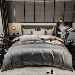 Embroidered Luxury Duvet Set-Grey With Golden Baratta Stitch