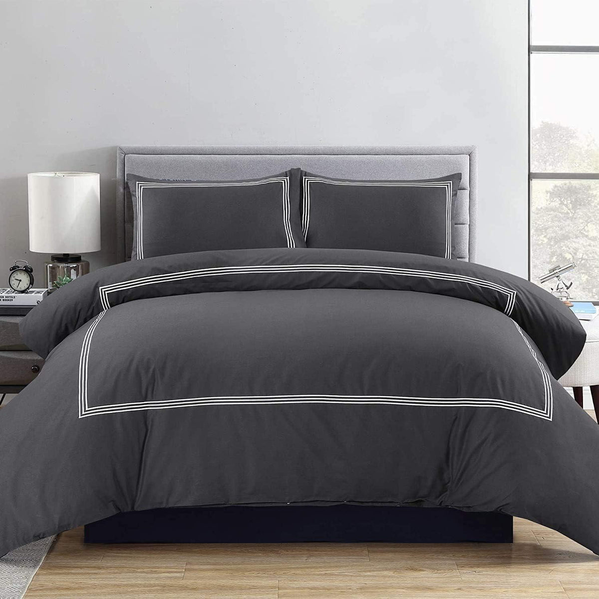 Embroidered Luxury Duvet Set- Grey With White Baratta Stitch