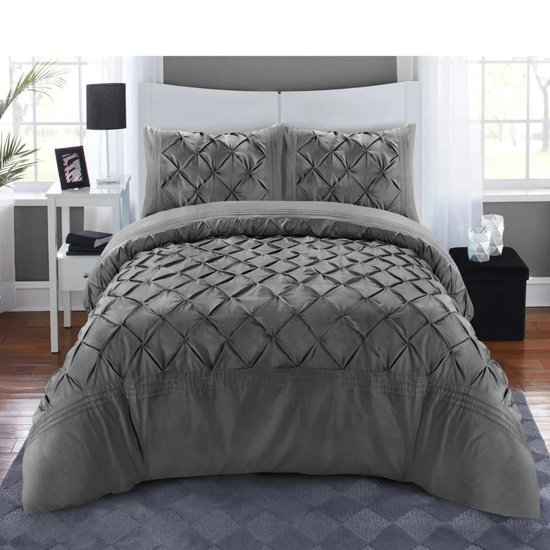 Luxury Satin Pintuck Duvet Cover Set - Grey