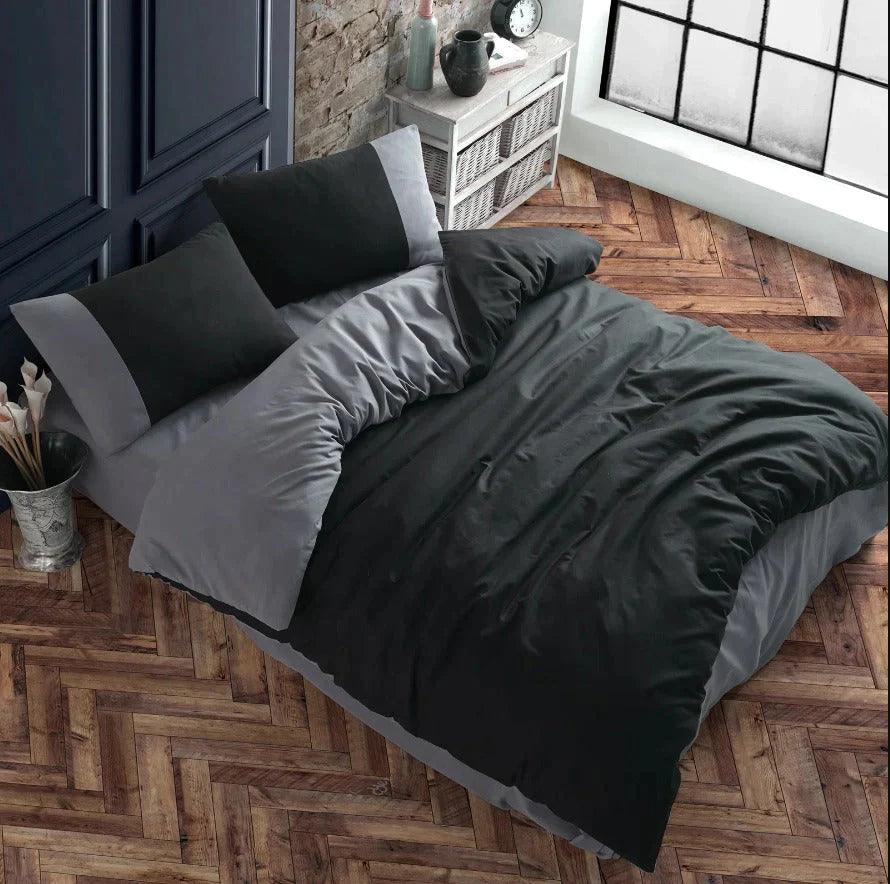 Plain Dyed Reversible Cotton Duvet Cover Set - Grey & Black