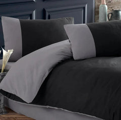 Plain Dyed Reversible Cotton Duvet Cover Set - Grey & Black