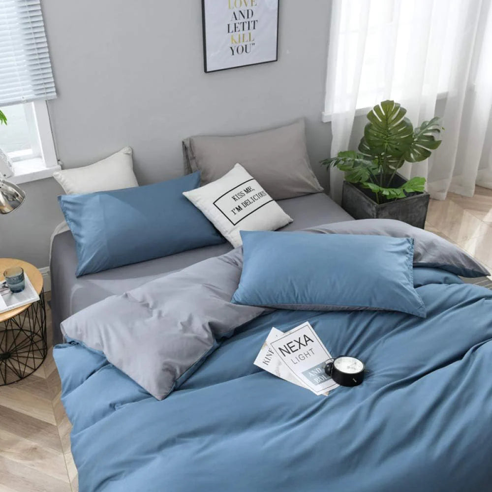 Plain Dyed Duvet Cover Set-Grey & Blue