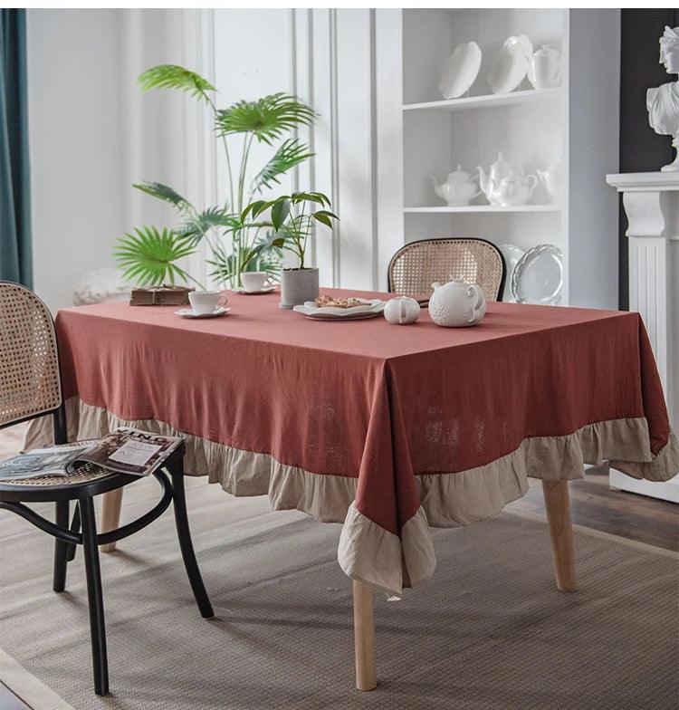 Flounce Stitching Cotton Table Covers-Rust & Beige