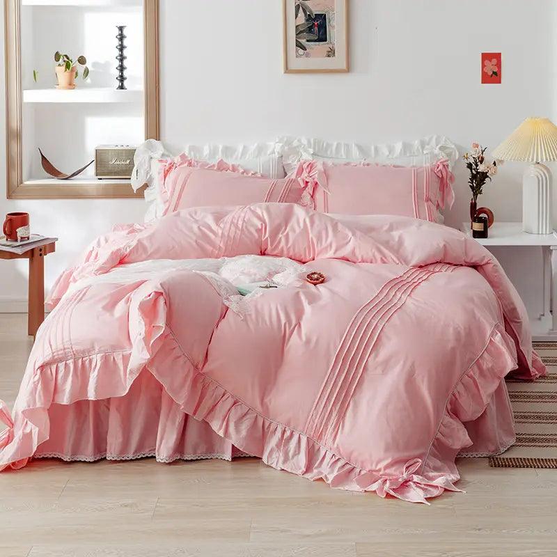 Luxury Pleated With Ruffled Style Satin Duvet Cover Set - Pink