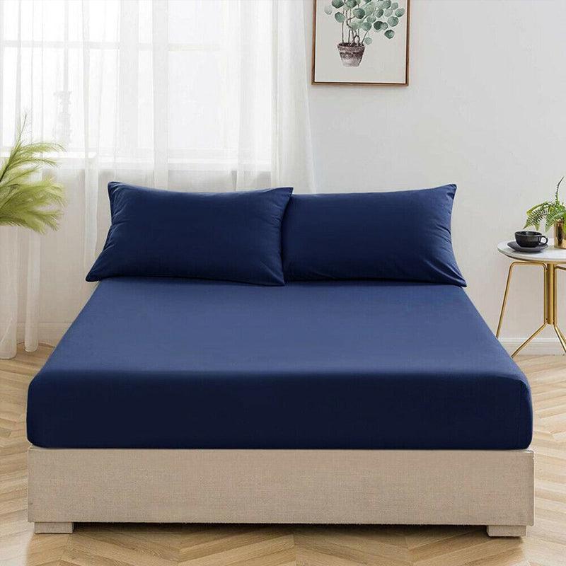 Cotton Fitted Bed Sheet with Pillows-Navy Blue