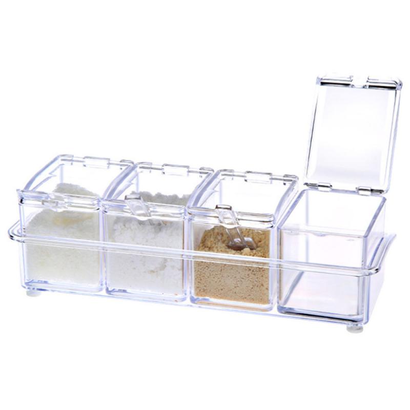 Transparent Seasoning Box Four Grid With Spoon Seasoning Can Set