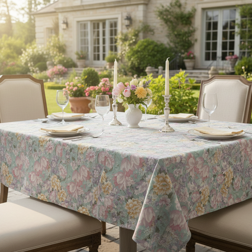 Printed Cotton Table Cover- Pastel Garden Dreams