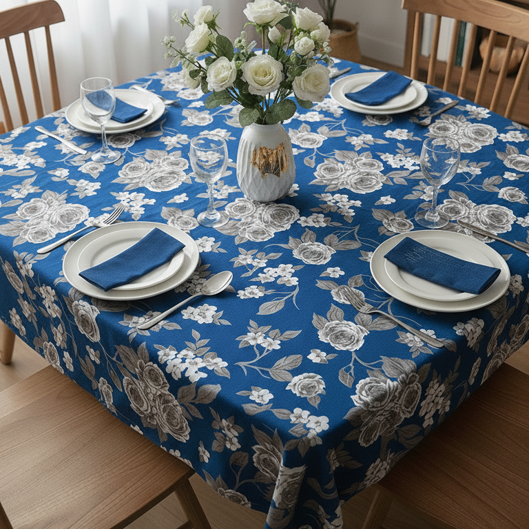 Blue Elegance Blossom Printed Table Cover