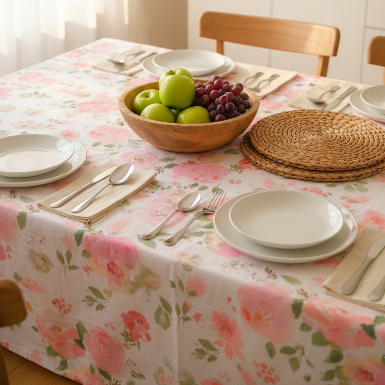 Printed Cotton Table Cover-Pink Peony Bloom