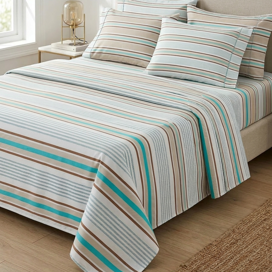 Premium 4-Piece Double Bed Sheet Set - Azure Stripe