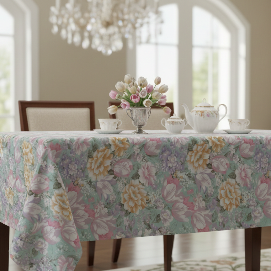 Printed Cotton Table Cover- Pastel Garden Dreams