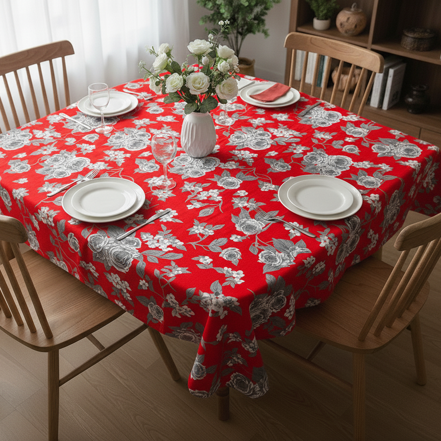 Red Elegance Blossom Printed Table Cover