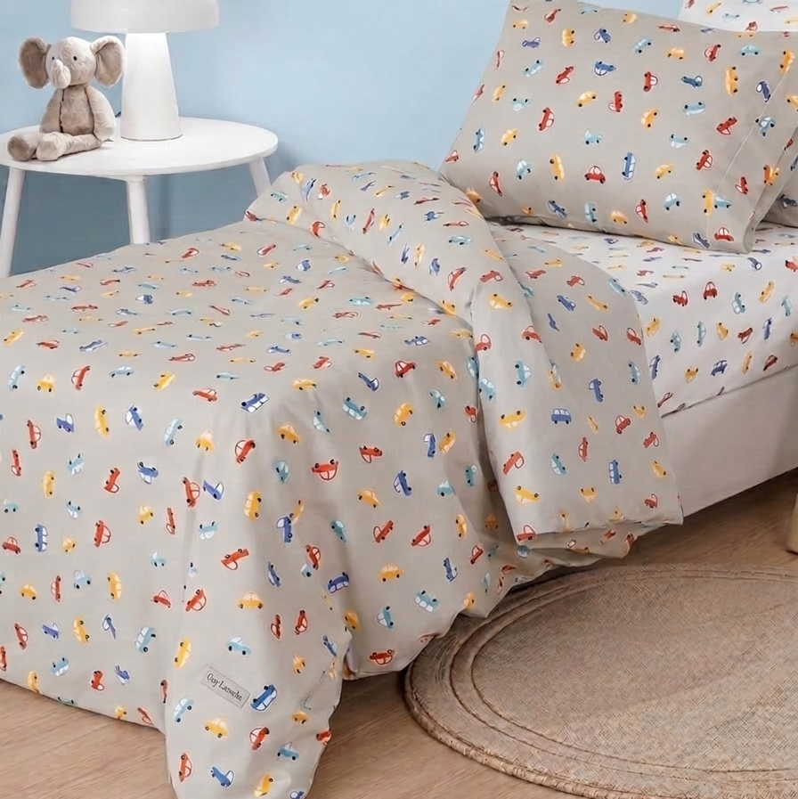 3 Pcs Kids' Premium Single Bed Sheet Set - Vintage Mini Motors (Ash Grey)