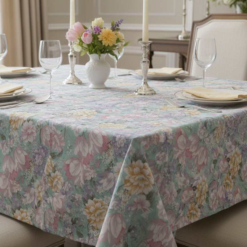 Printed Cotton Table Cover- Pastel Garden Dreams