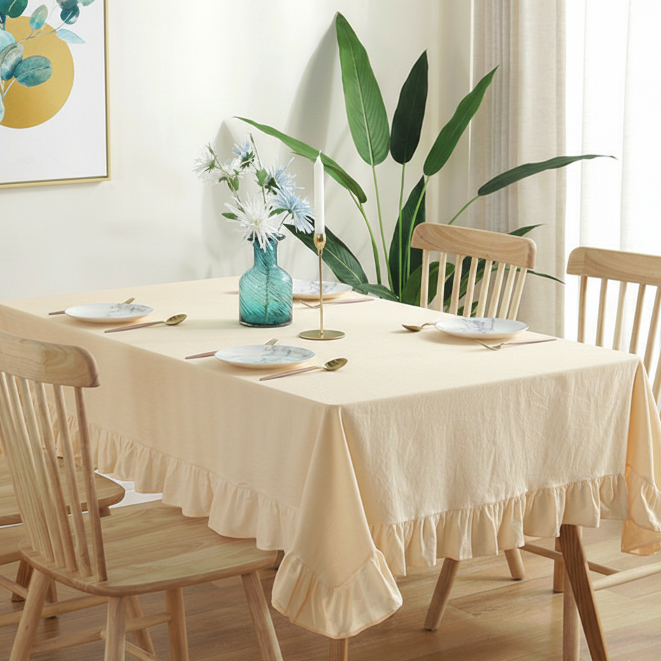 Flounce Stitching Cotton Table Covers-Cream