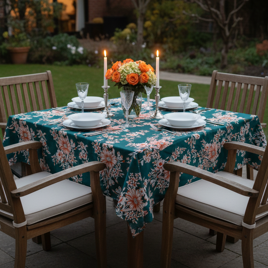 Printed Cotton Table Cover- Emerald Garden