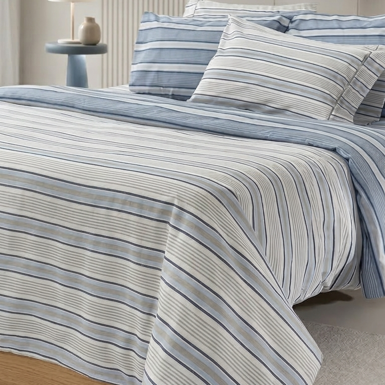 Premium 4-Piece Double Bed Sheet Set - Nordic Blue Stripes