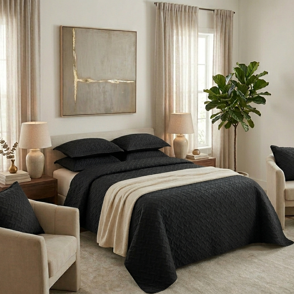 3-Piece Quilted Bedspread Set- Black
