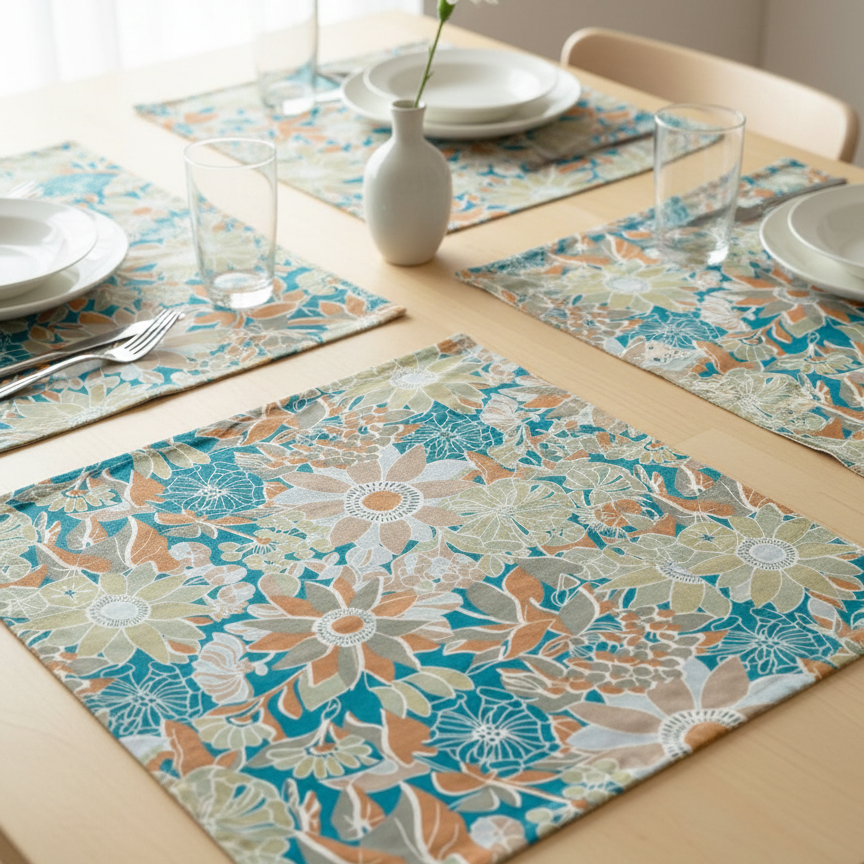 Printed Cotton Duck Table Mats - Aqua Blue Blossom