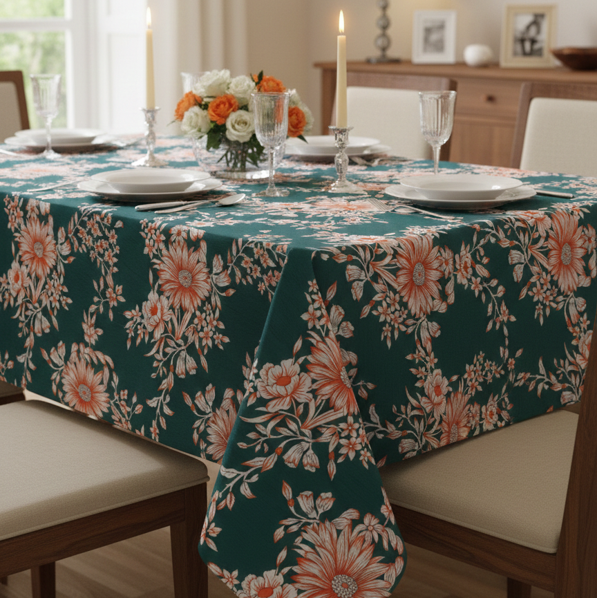 Printed Cotton Table Cover- Emerald Garden