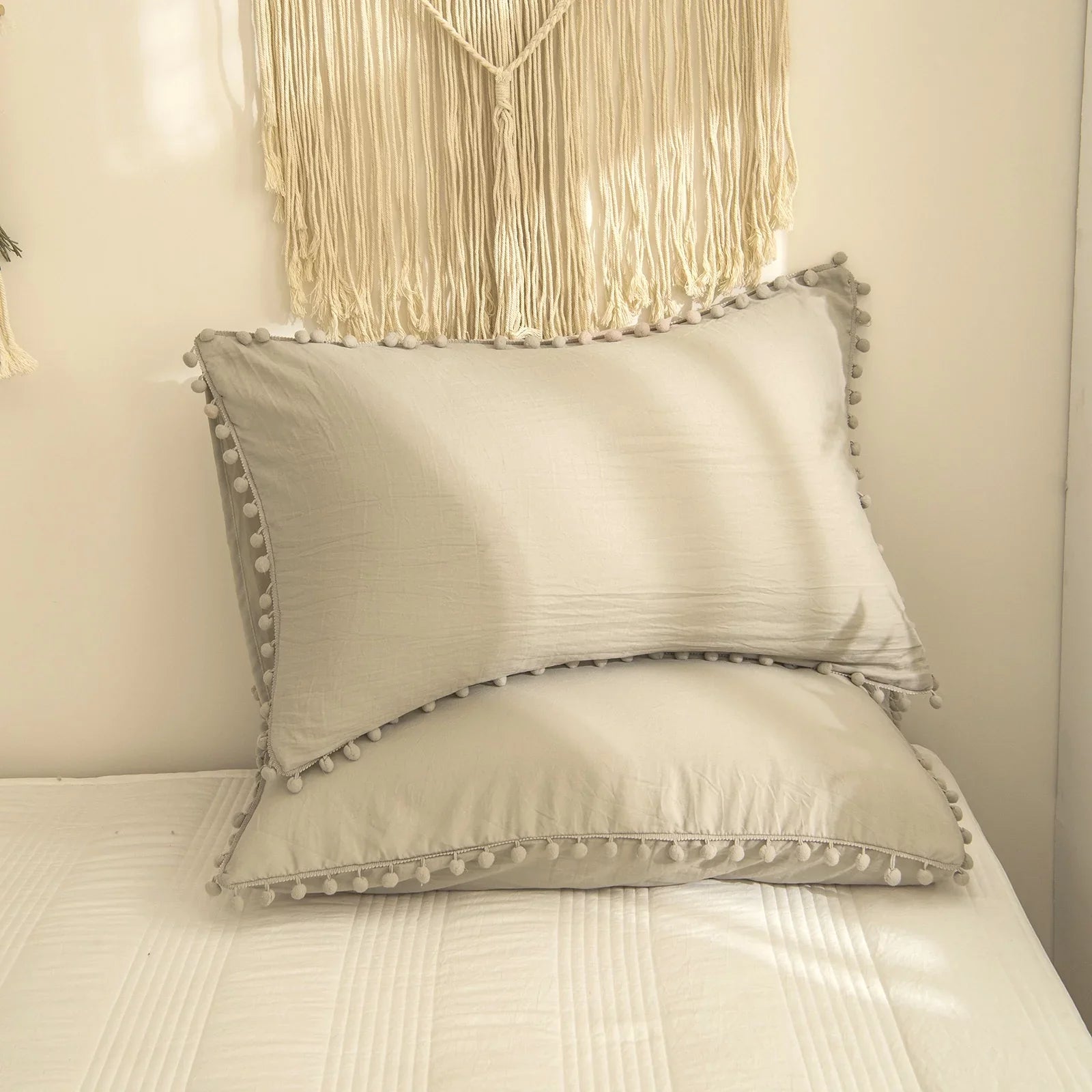 Luxury Cotton Satin Pom Fringe Duvet Cover Set - Silver