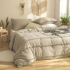 Luxury Cotton Satin Pom Fringe Duvet Cover Set - Silver