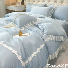 Luxury Cotton Satin Frilled Duvet Set With Lace - Blue