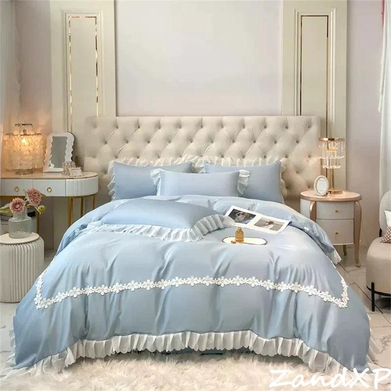 Luxury Cotton Satin Frilled Duvet Set With Lace - Blue