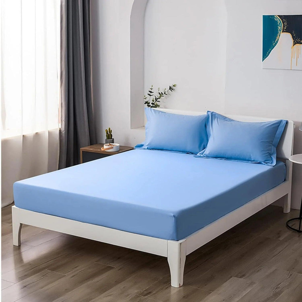 Cotton Fitted Bed Sheet with Pillows-Light Blue