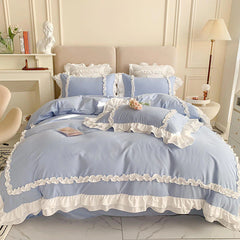 Luxury Cotton Frilled Duvet Set - Light Blue