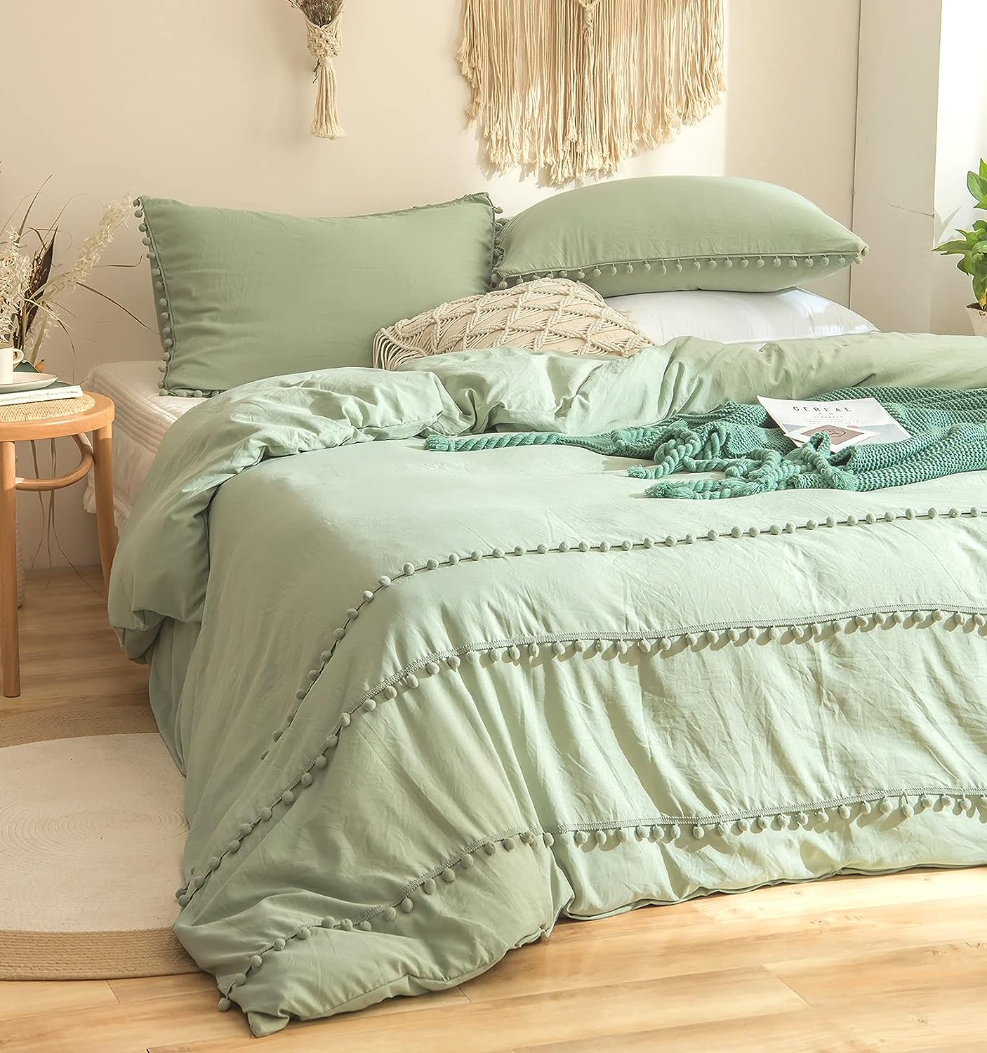 Luxury Cotton Satin Pom Fringe Duvet Cover Set - Light Green