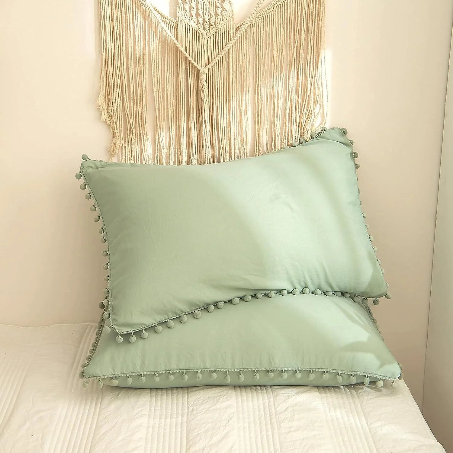 Luxury Cotton Satin Pom Fringe Duvet Cover Set - Light Green