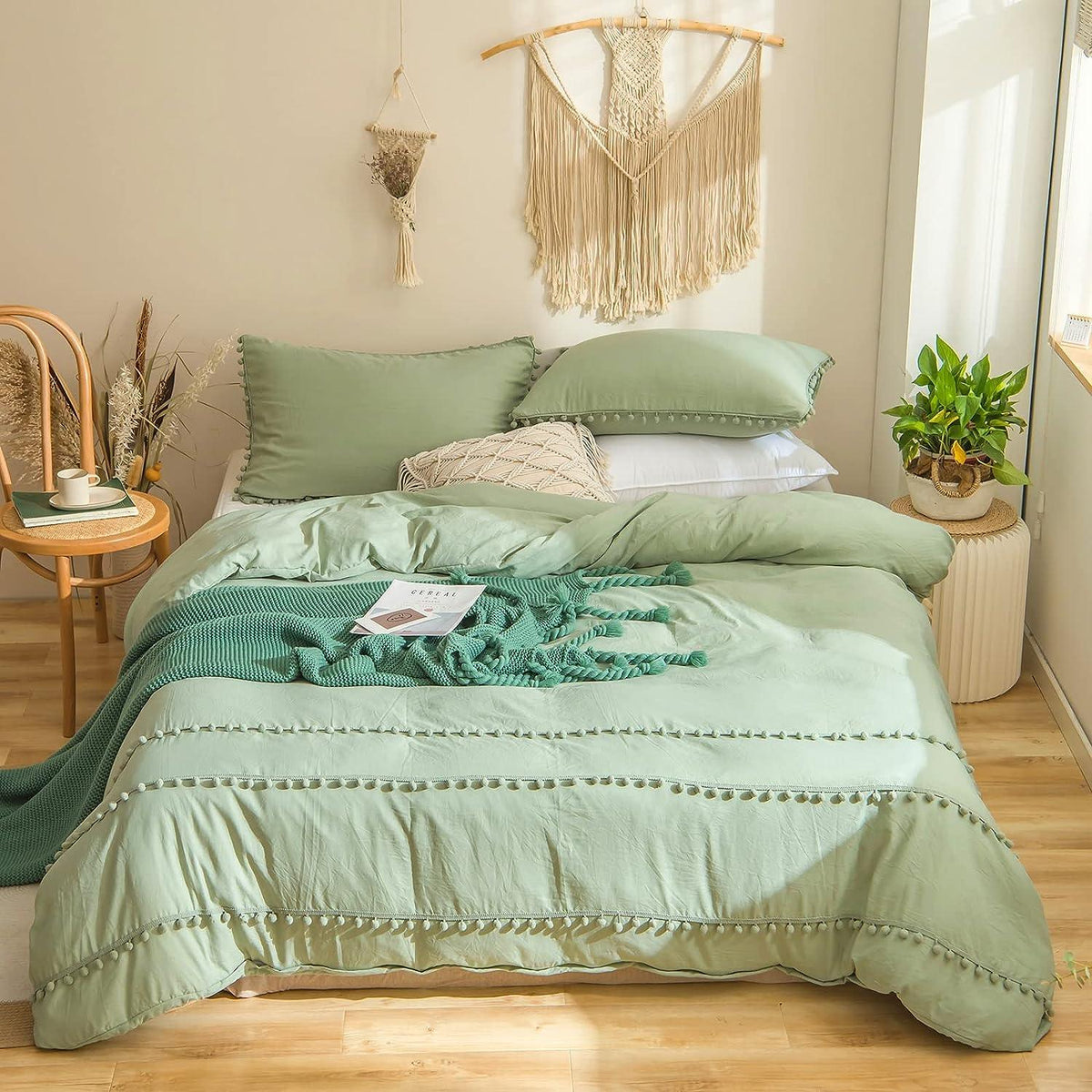 Luxury Cotton Satin Pom Fringe Duvet Cover Set - Light Green