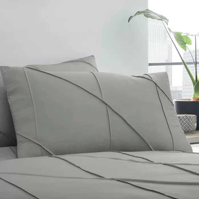 Geometric Pleated Cotton Satin Duvet Cover Set - Light Grey