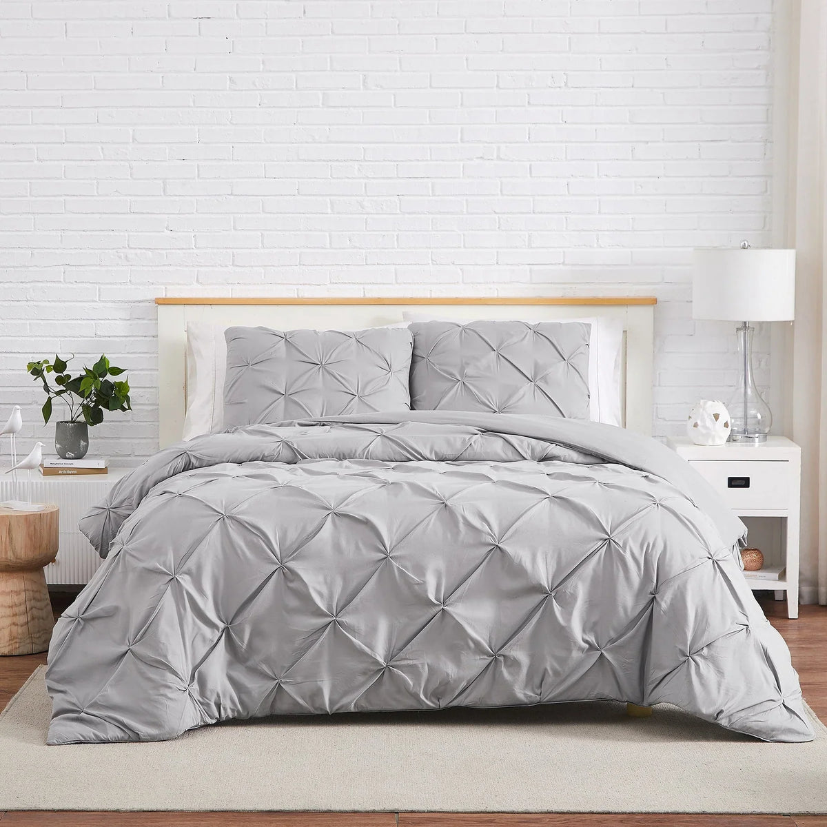 Luxury Cotton Satin Pintuck Duvet Cover Set - Light Grey