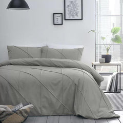 Geometric Pleated Cotton Satin Duvet Cover Set - Light Grey