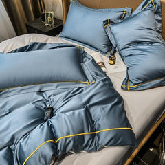 Embroidered Luxury Duvet Set-Medium Blue With Golden Baratta Stitch