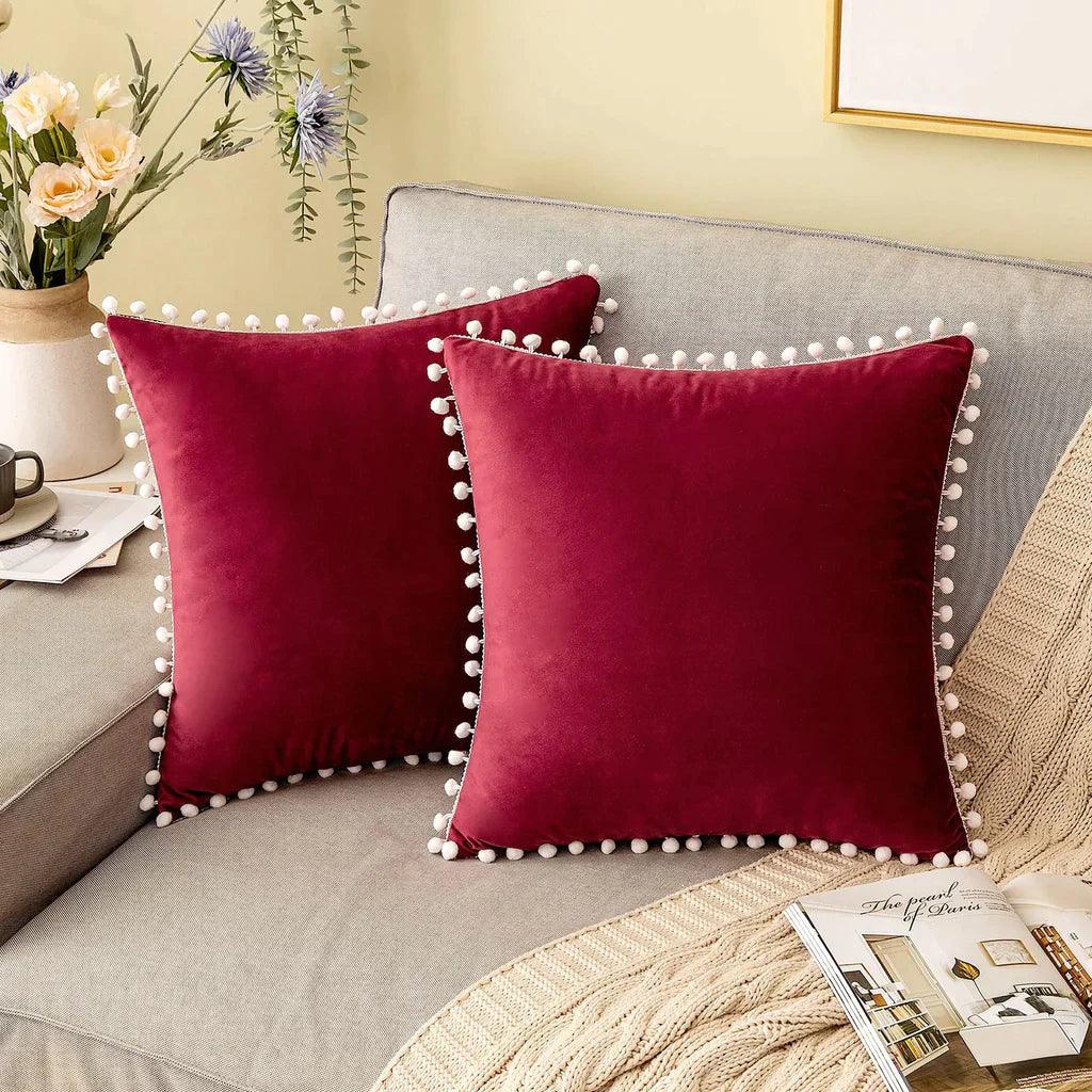 Pom-Poms Velvet Cushion Covers - 2Pcs Set