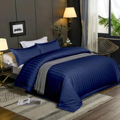 Cotton Satin Stripe Duvet Cover Sets Navy Blue