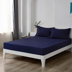 Cotton Fitted Bed Sheet with Pillows-Navy Blue