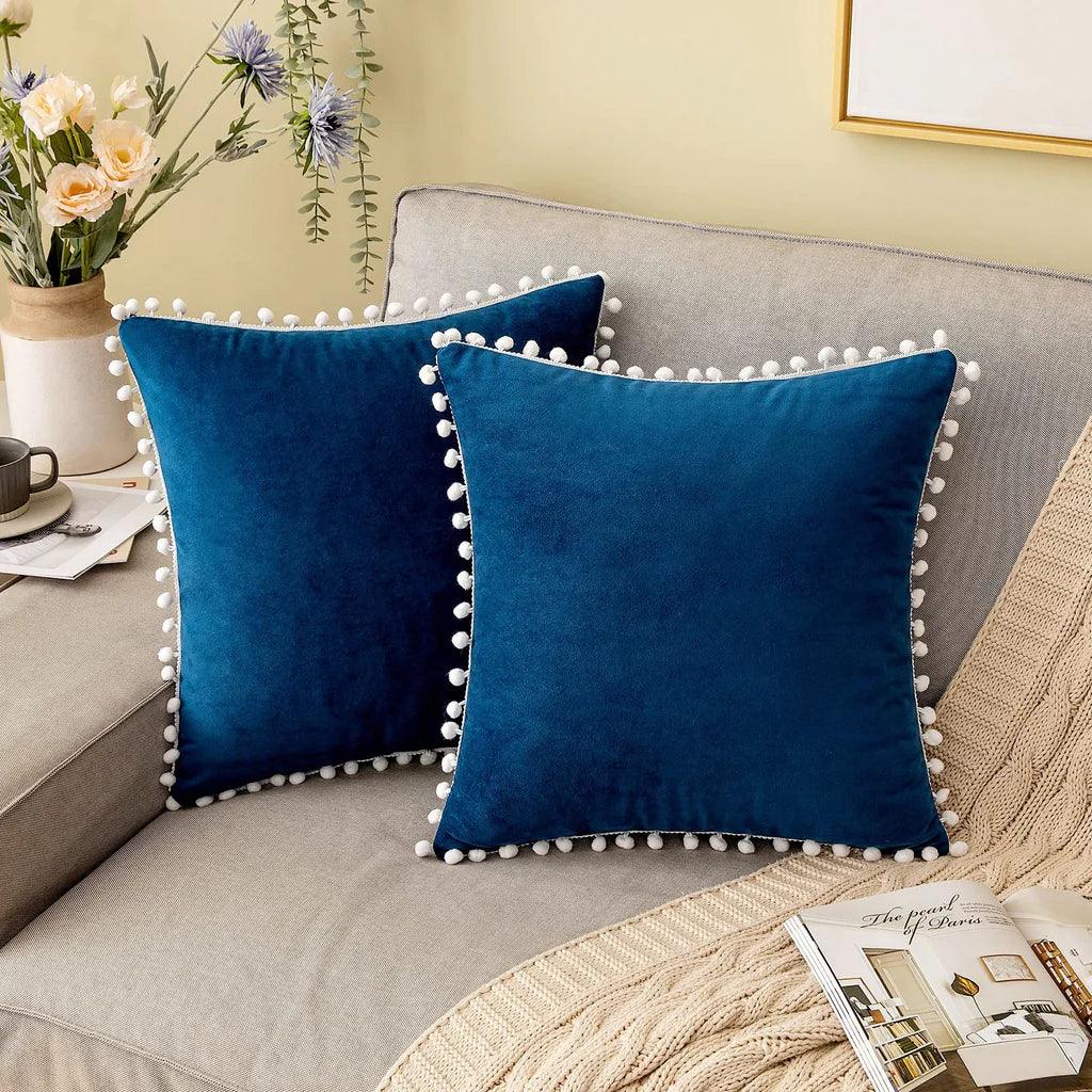 Pom-Poms Velvet Cushion Covers - 2Pcs Set