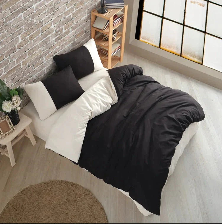 Plain Dyed Reversible Cotton Duvet Cover Set - Off White & Black