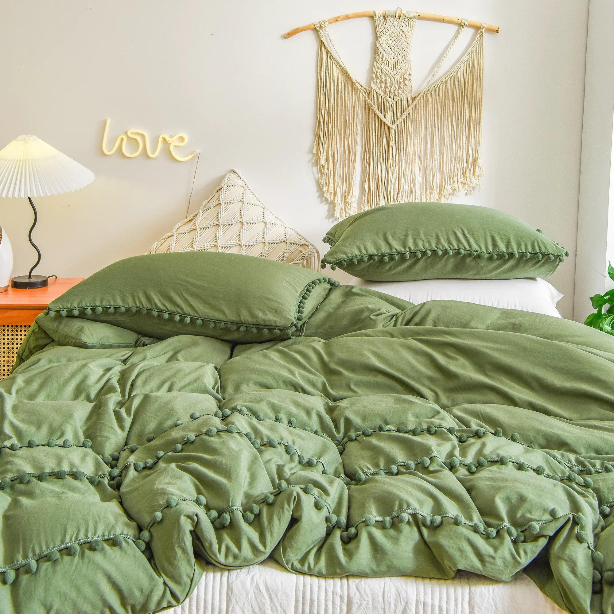 Luxury Cotton Satin Pom Fringe Duvet Cover Set - Olive Green