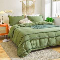 Luxury Cotton Satin Pom Fringe Duvet Cover Set - Olive Green